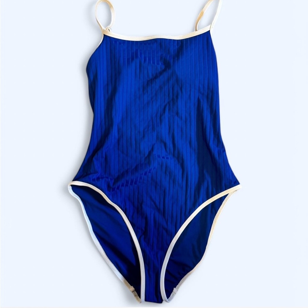 Aerie Blue and White One Piece Swimsuit High Leg and Low Back